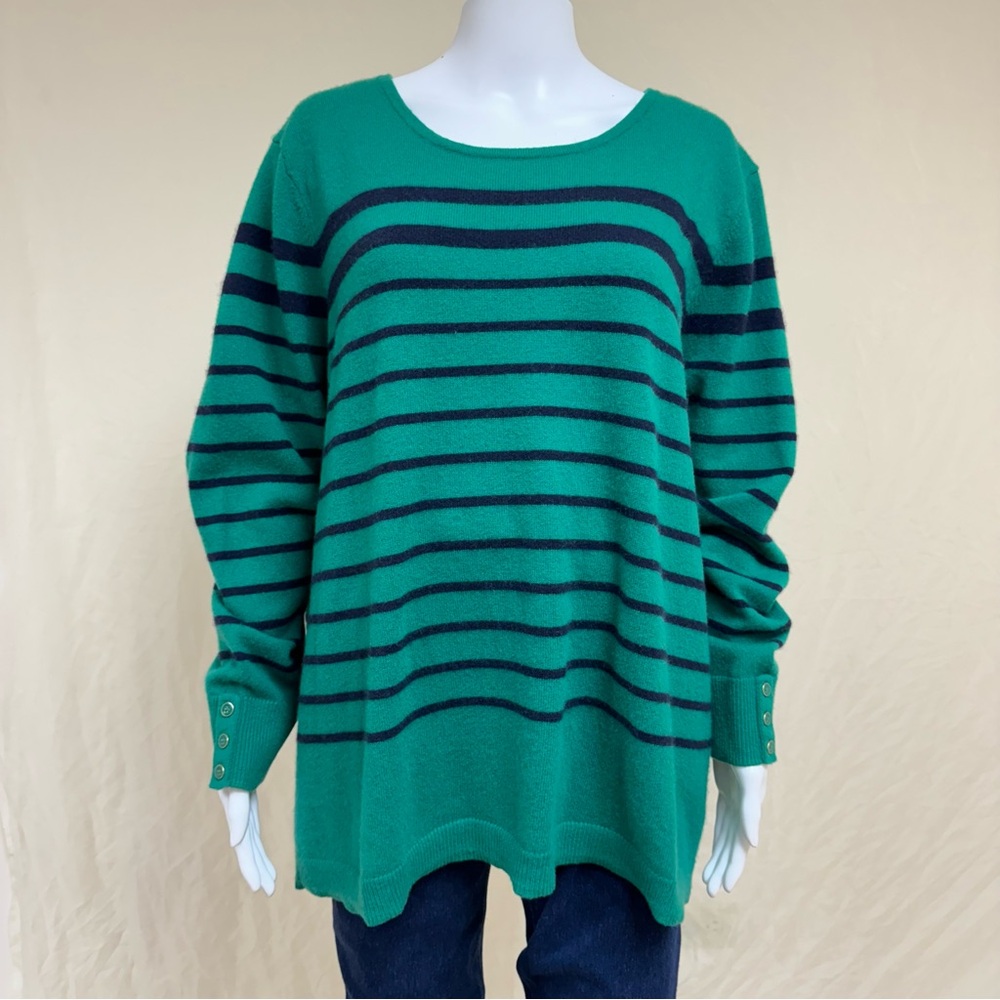 Talbots Pullover 100% Cashmere Sweater Plus 2X Navy Blue Green Striped Soft Slim - Picture 5 of 15